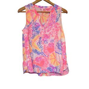 Lilly Pulitzer Sleeveless Silk Blouse Size M Colorful Print Beach Coastal Starfi